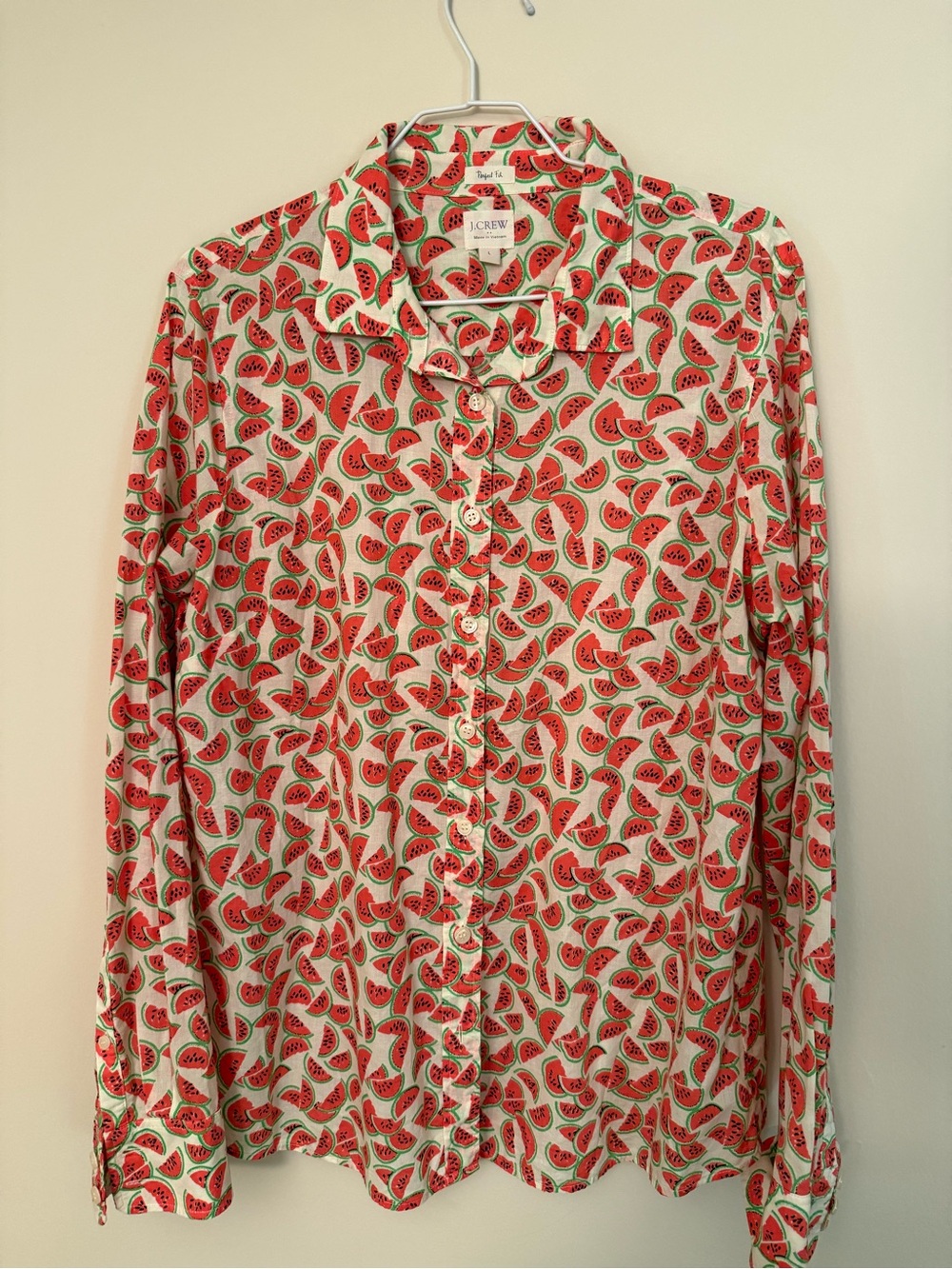 J. Crew Cream Button-Down Shirt with Red & Green Watermelon Print